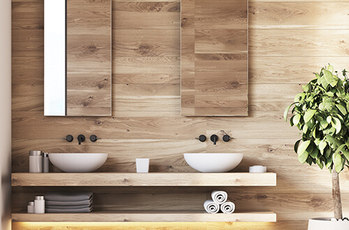 Modernes Waschbecken mit Holz